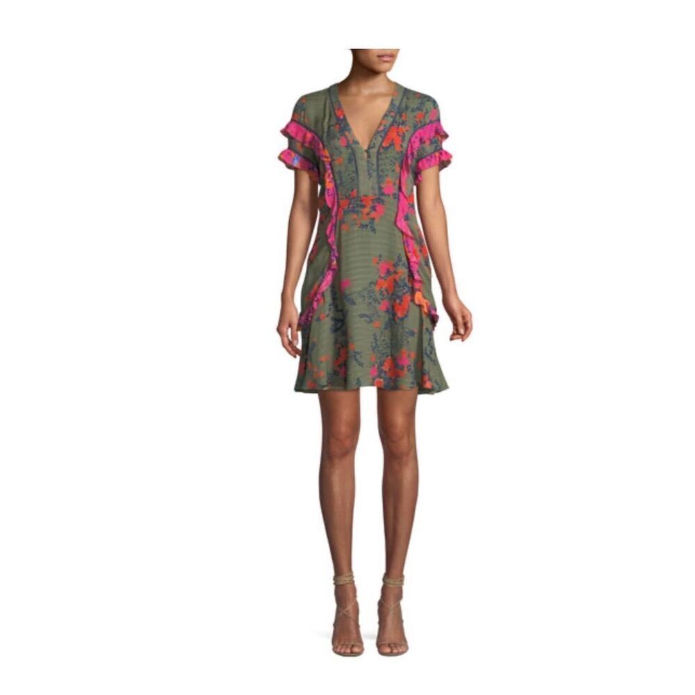 Tanya Taylor Rhett Floral-Print Silk Short Dress Size 10 Multicolor V-Neck